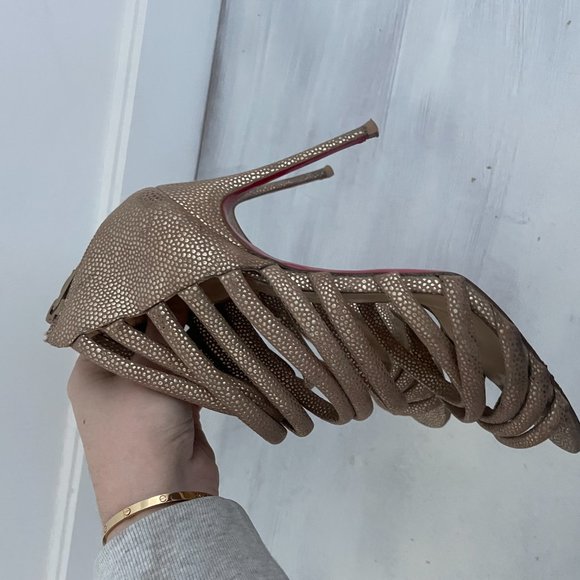 Christian Louboutin Gold/Brown Textured Suede Open-Toe Strappy Cage Sandals - Picture 6 of 12